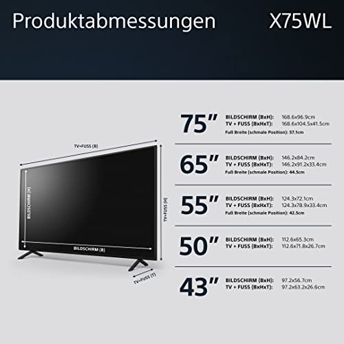 Sony BRAVIA, KD-75X75WL, 75 Zoll Fernseher, LED, 4K HDR, Google TV, Smart TV, Works with Alexa, BRAVIA CORE, HDMI 2.1, Gaming-Menü mit ALLM